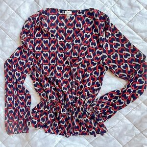 River Island Blue Red White Heart Pattern Faux Wrap V Neck Crinkle Top Size 12